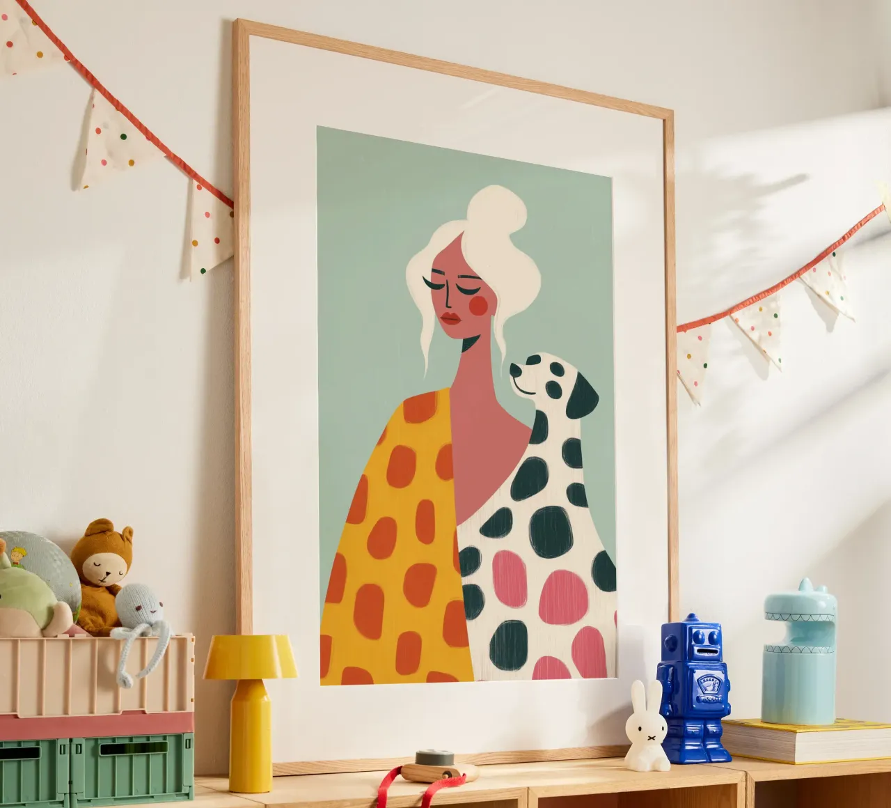 Femme avec chien dalmatien | Illustration avec motif de points poster avec cadre en bois de Autofocus