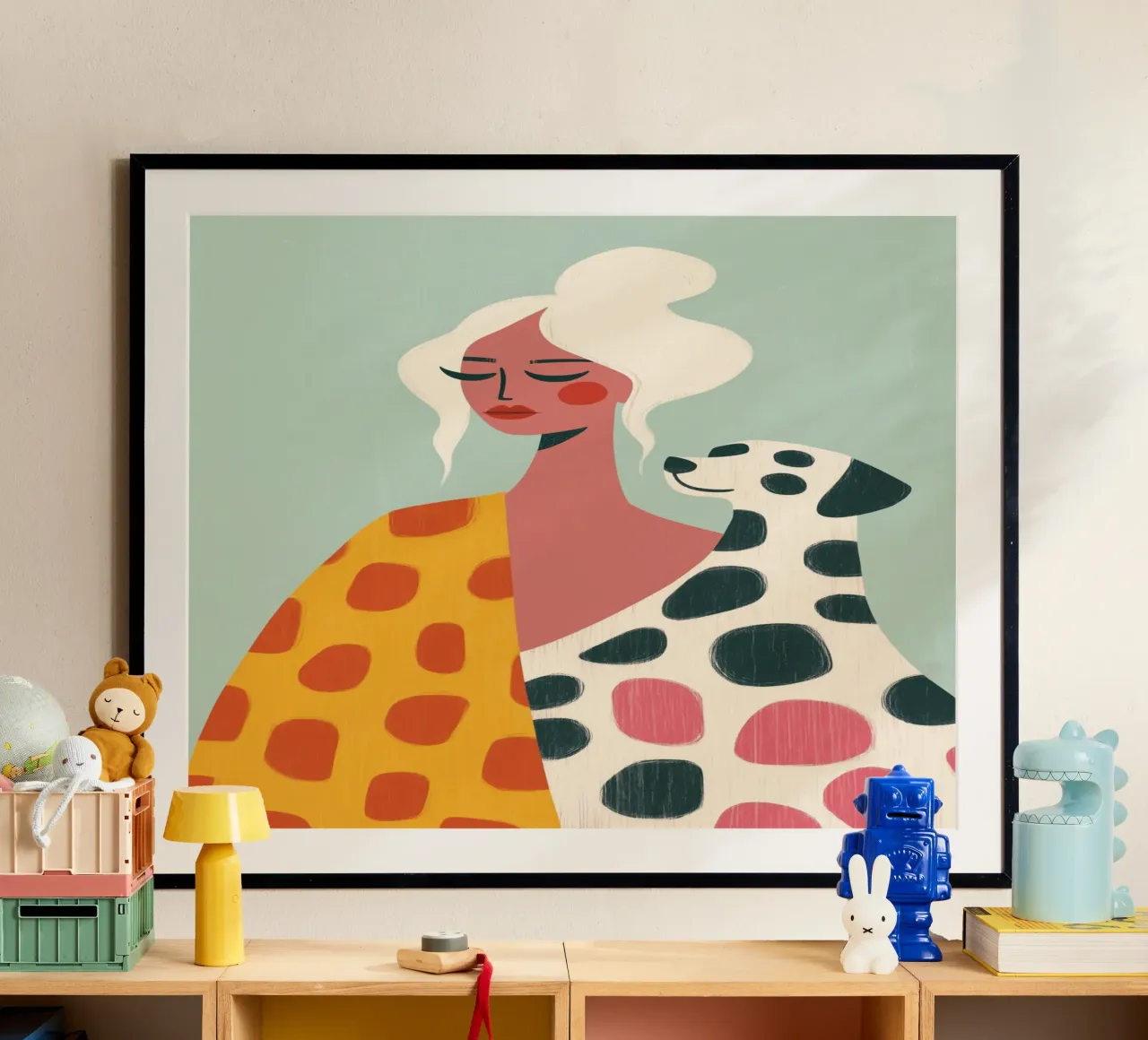 Femme avec chien dalmatien | Illustration avec motif de points poster avec cadre en bois de Autofocus