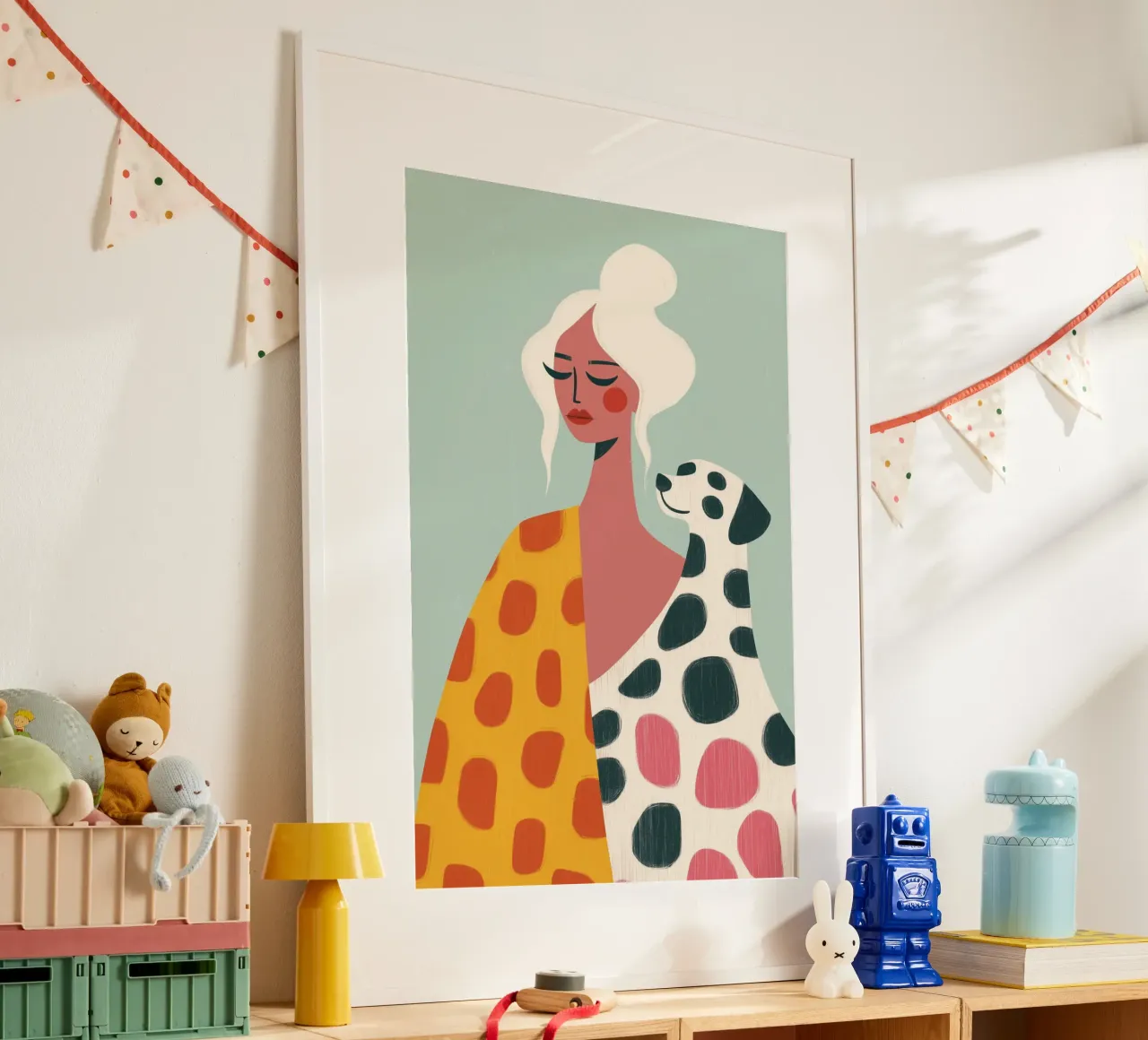 Femme avec chien dalmatien | Illustration avec motif de points poster avec cadre en bois de Autofocus
