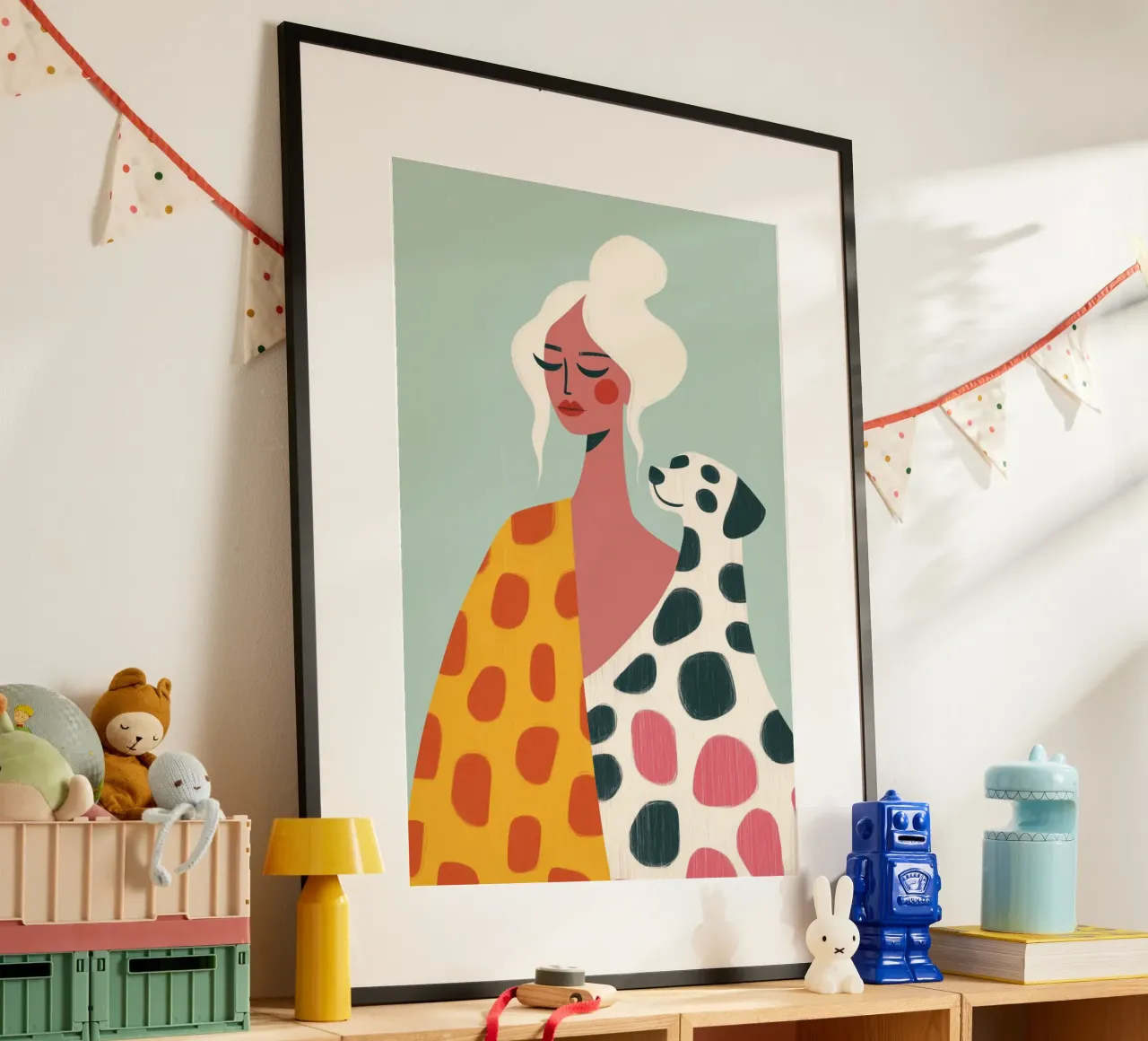 Femme avec chien dalmatien | Illustration avec motif de points poster avec cadre en bois de Autofocus