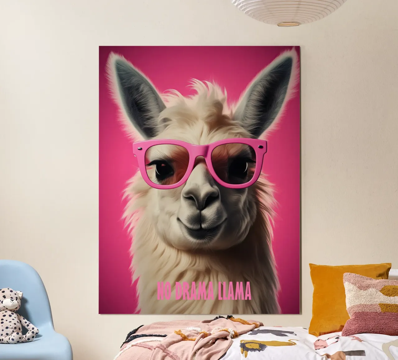 No Drama LLama | Divertente lama con occhiali da sole rosa poster con telaio in alluminio da Autofocus