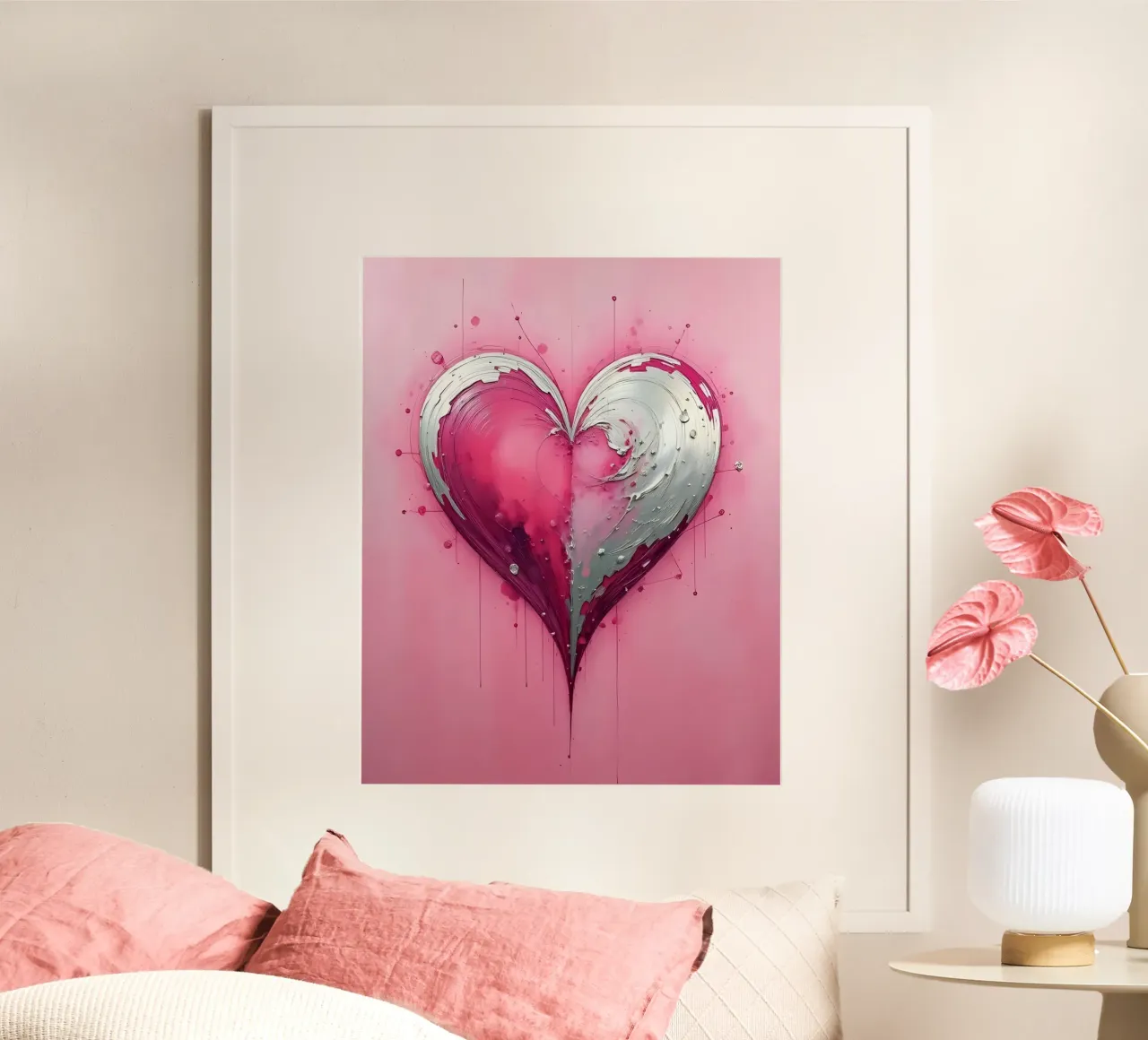 cuore_rosa_argento_1 poster con telaio in legno da Pink- und LoveArt by LK