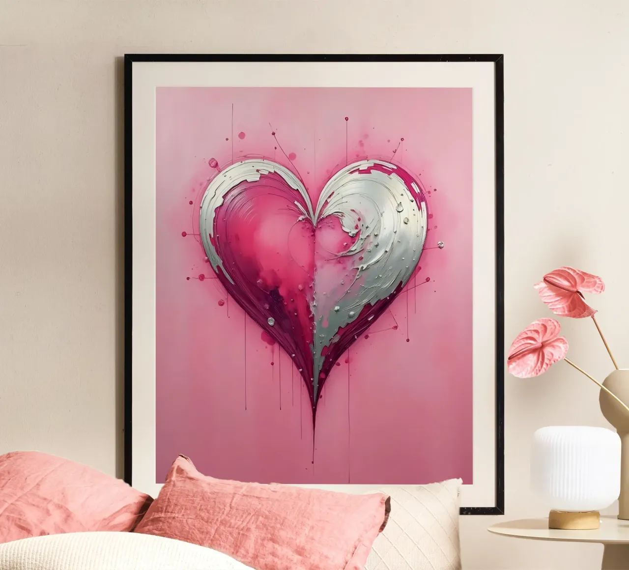 cuore_rosa_argento_1 poster con telaio in legno da Pink- und LoveArt by LK