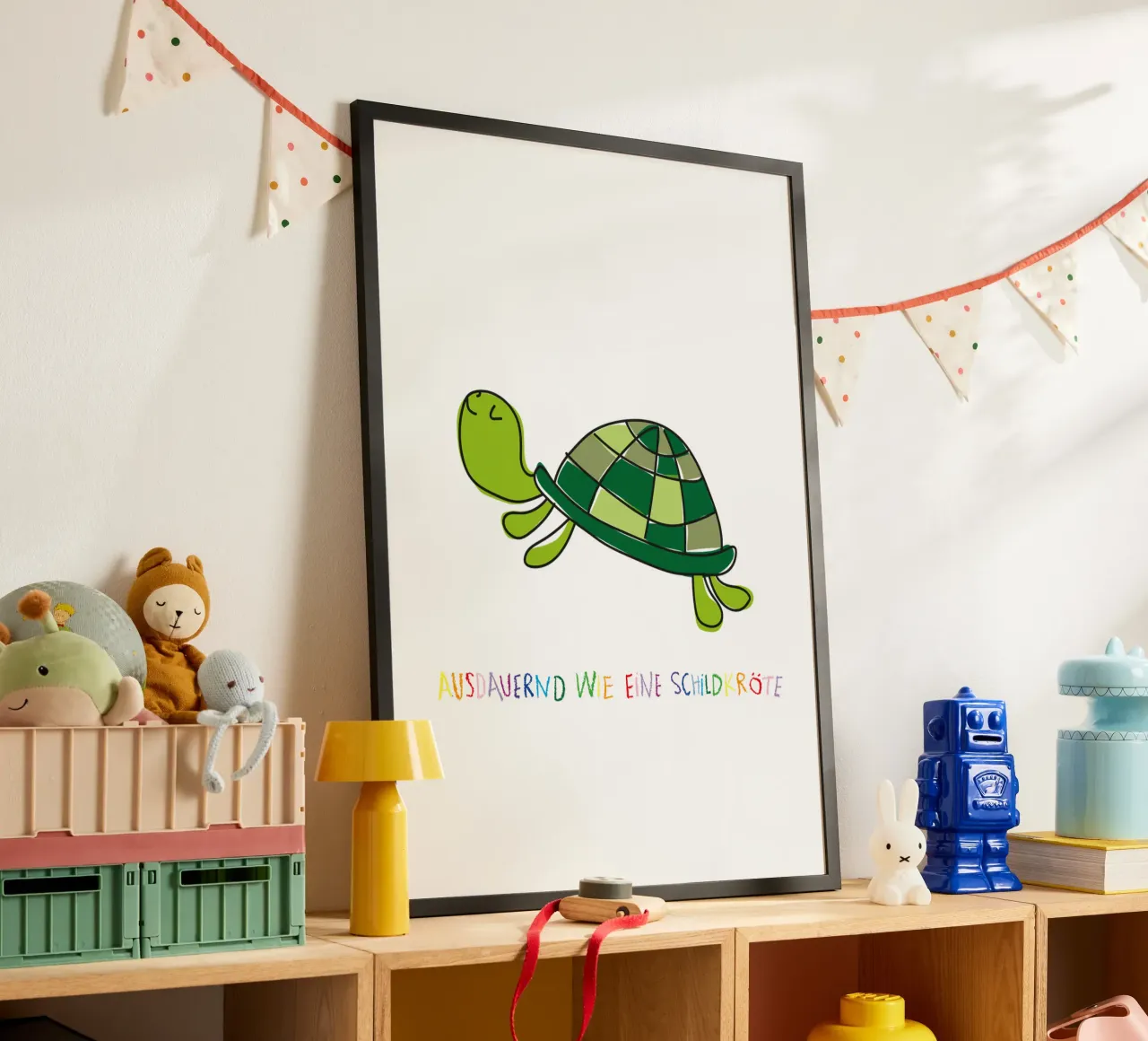 Ausdauernd wie eine Schildkröte poster con telaio in legno da Brushmeetspaper