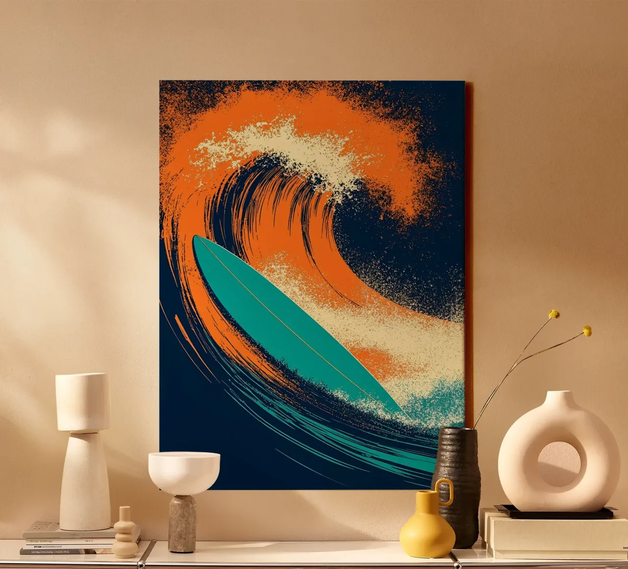 Surfboard In Wave - Pop Art canvas with Floater frame by ColorCrash Gallery