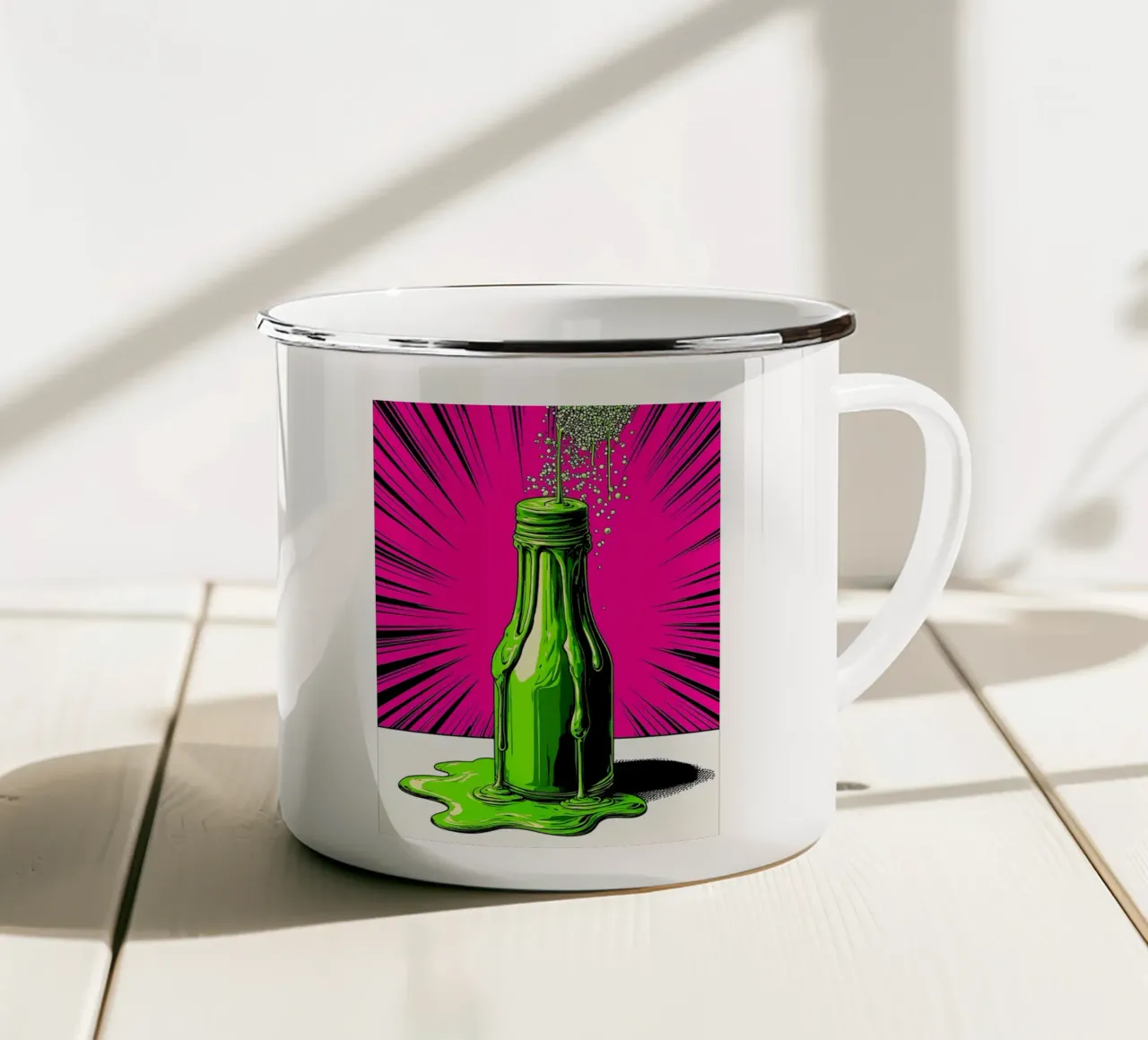 Bottiglia che gocciola - Pop Art tazza in smalto da ColorCrash Gallery