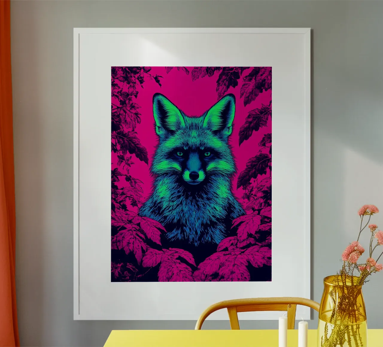 Ondergedoken vos - Pop Art poster met houten frame van ColorCrash Gallery
