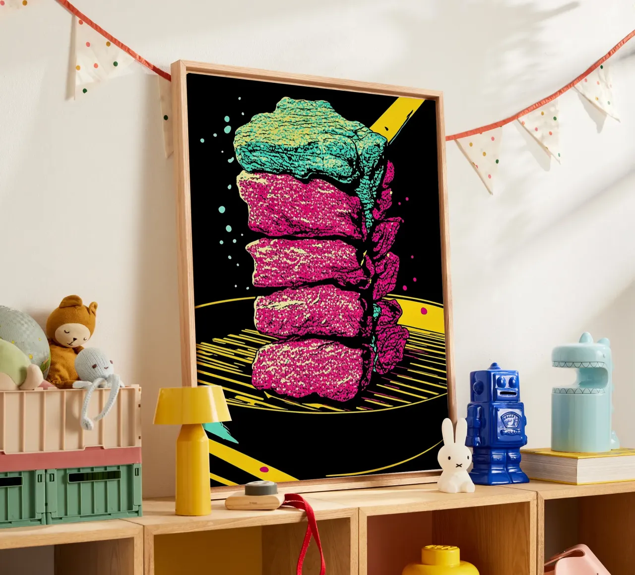 Gegrilltes Steak - Pop Art Leinwand mit Schattenfugenrahmen von ColorCrash Gallery