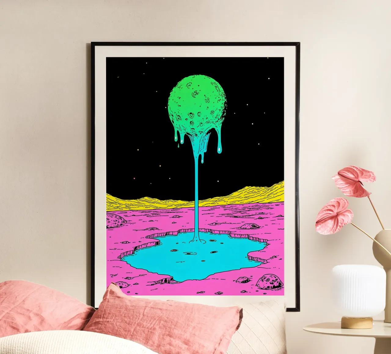 Luna che si scioglie - Pop Art poster con telaio in alluminio da ColorCrash Gallery