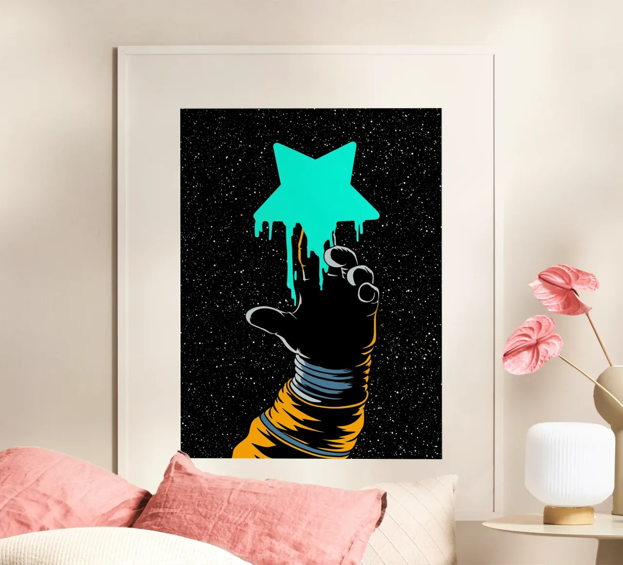 Astronauta che tocca la stella - Pop Art poster con telaio in alluminio da ColorCrash Gallery
