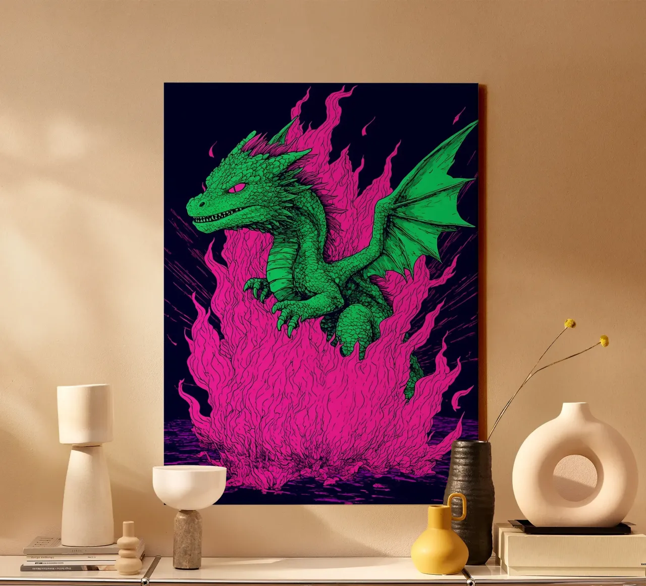 Drago in fiamme - Pop Art tela con Cornice a cassetta da ColorCrash Gallery