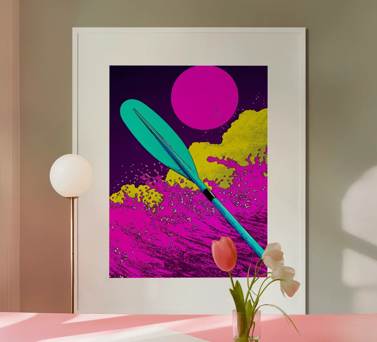 Pagaiare nell'onda - Pop Art poster con telaio in alluminio da ColorCrash Gallery