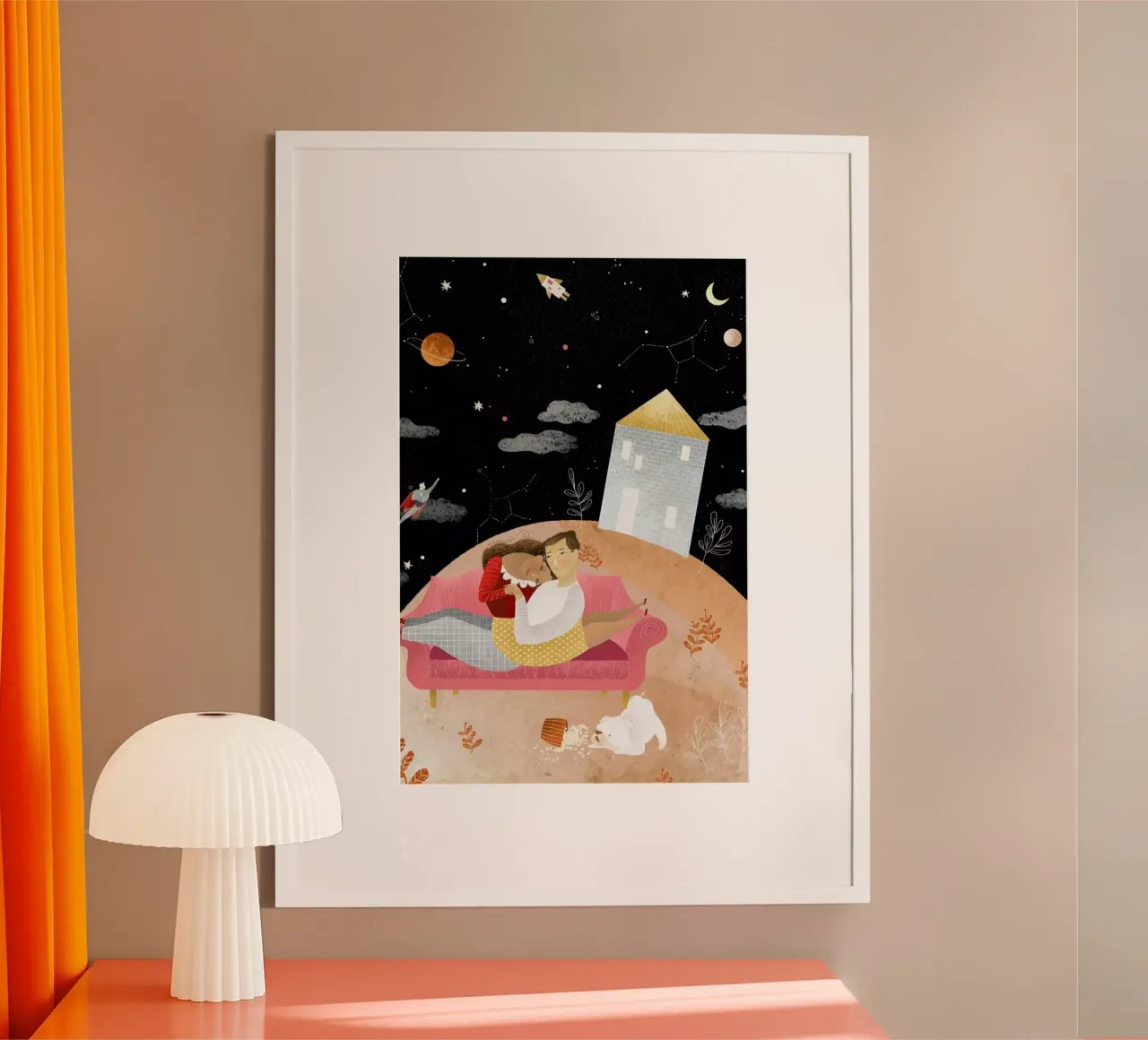 Love In Space poster con telaio in alluminio da Amalia Restrepo