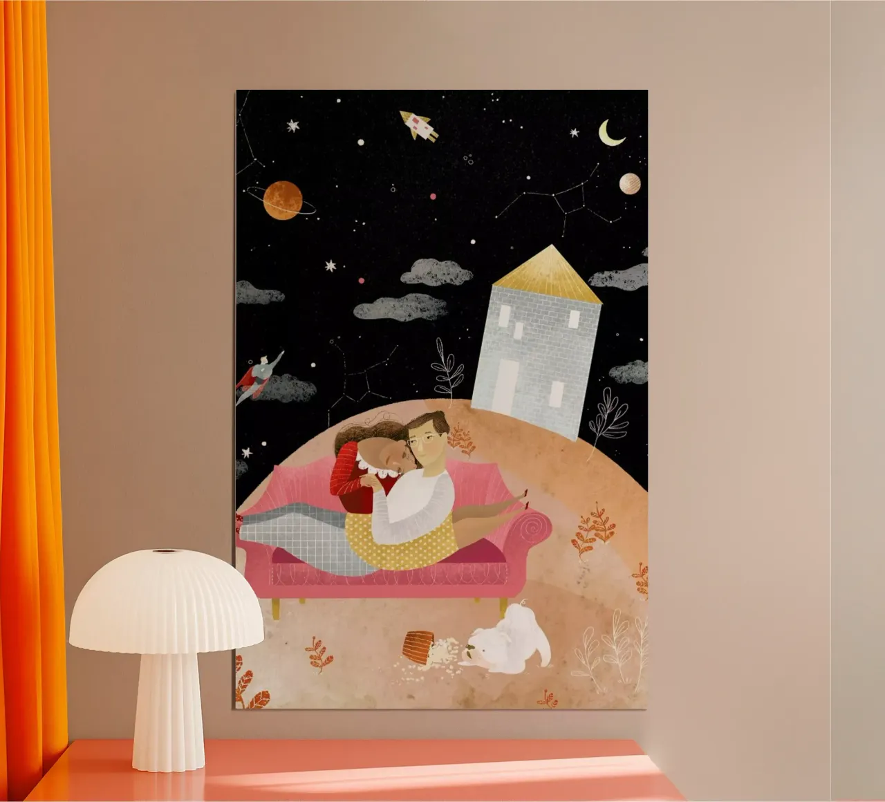 Love In Space poster con telaio in alluminio da Amalia Restrepo