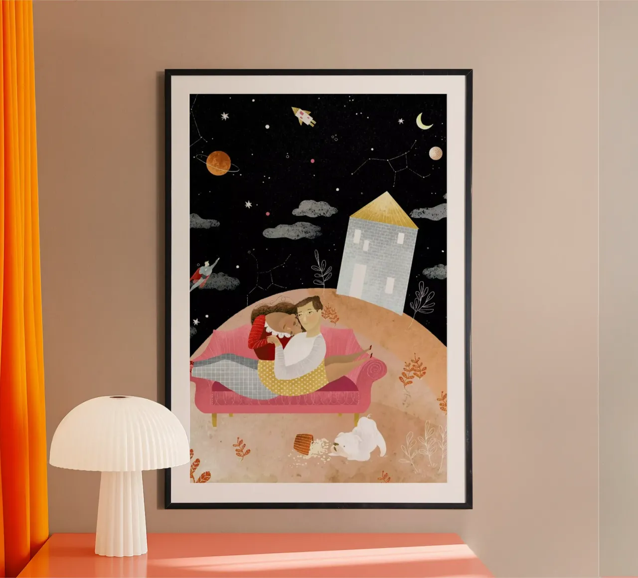 Love In Space poster con telaio in alluminio da Amalia Restrepo