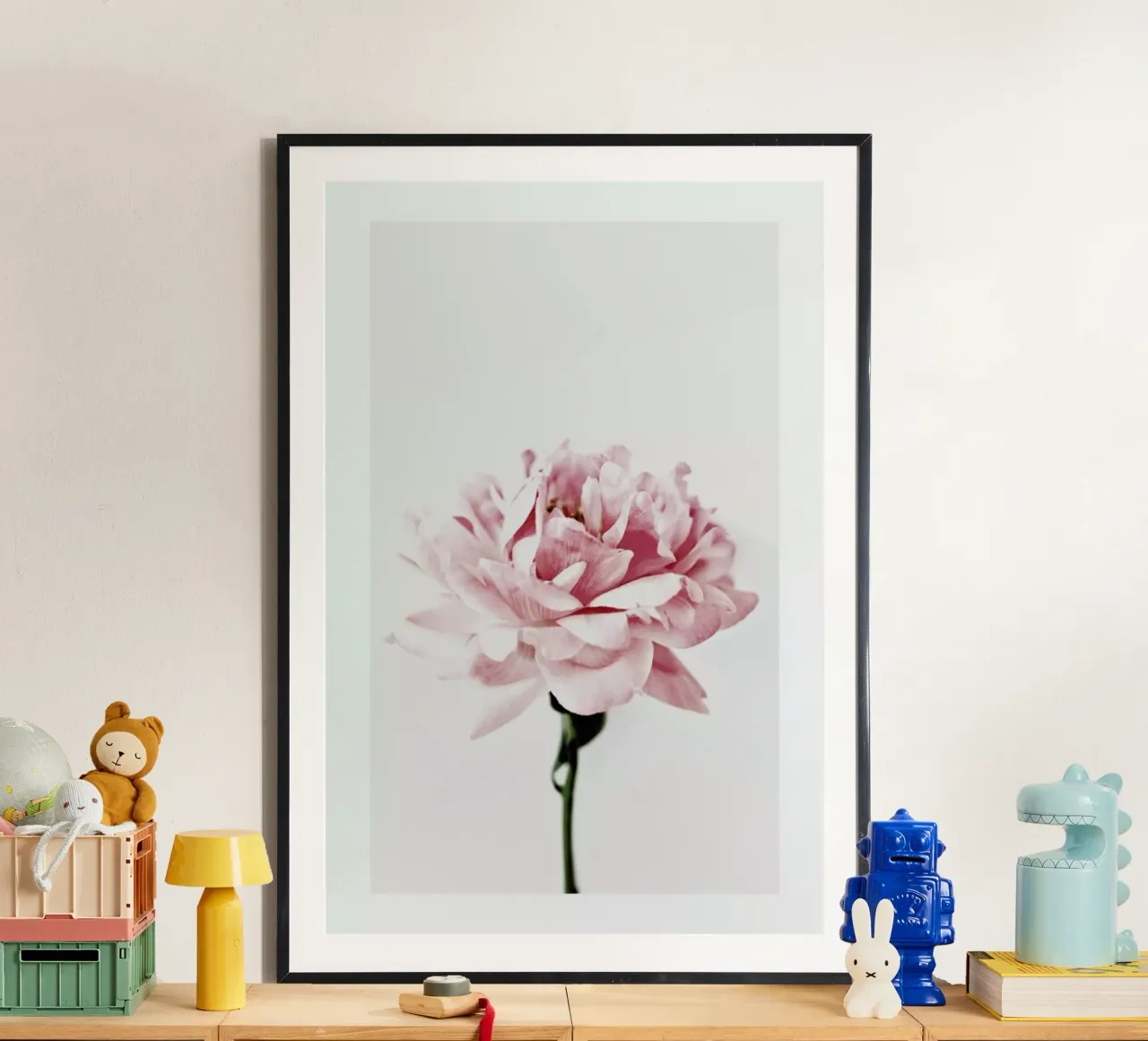 Peony Pink and Grey poster with plastic frame by Flora & Fauna