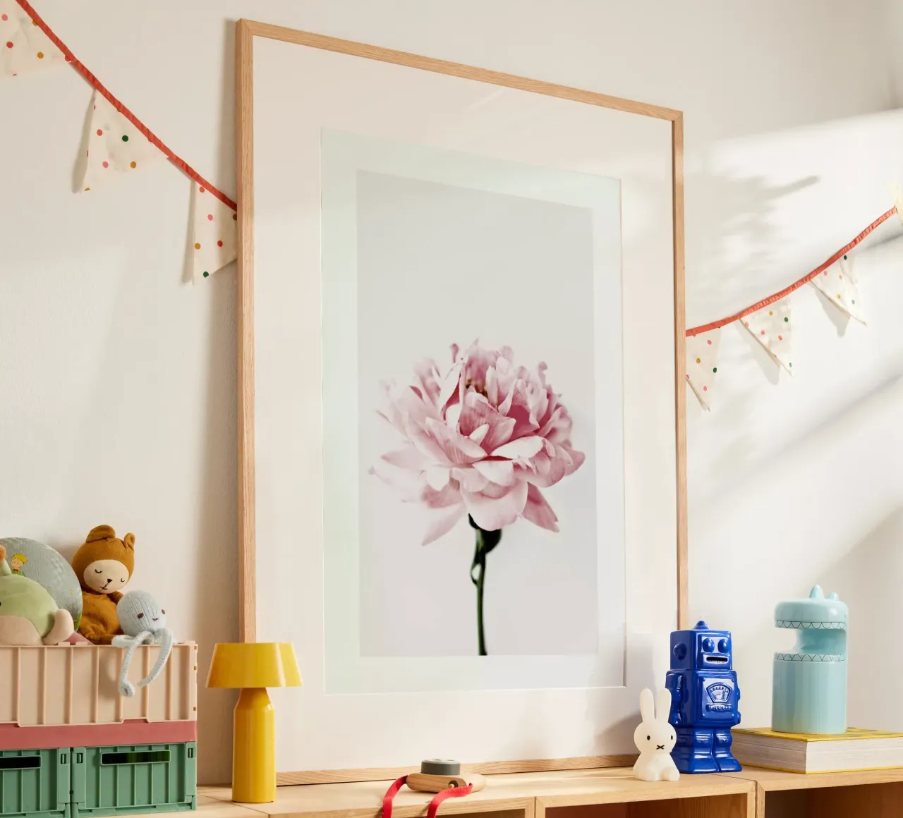 Peony Pink and Grey poster with plastic frame by Flora & Fauna