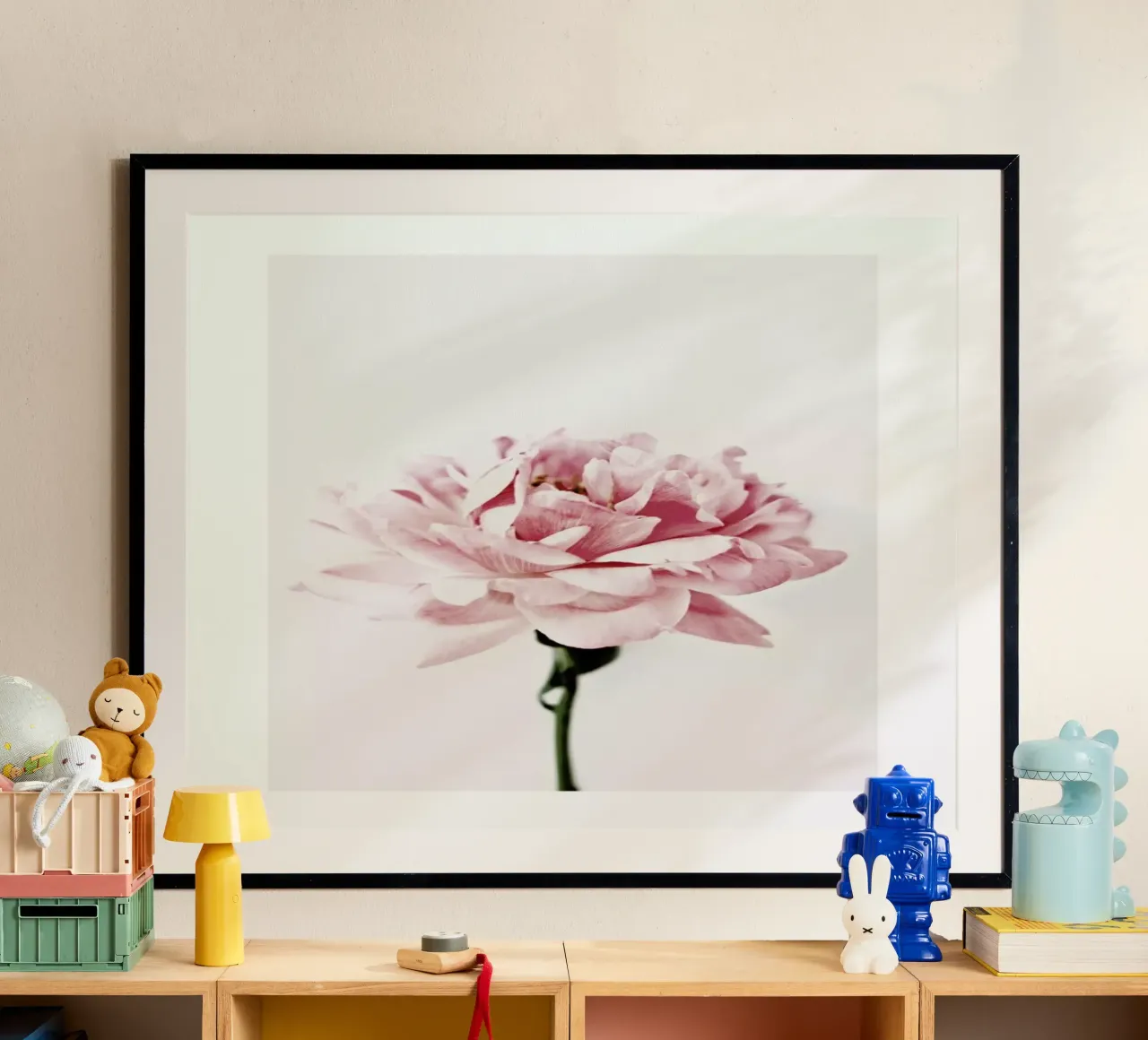 Peony Pink and Grey poster with plastic frame by Flora & Fauna