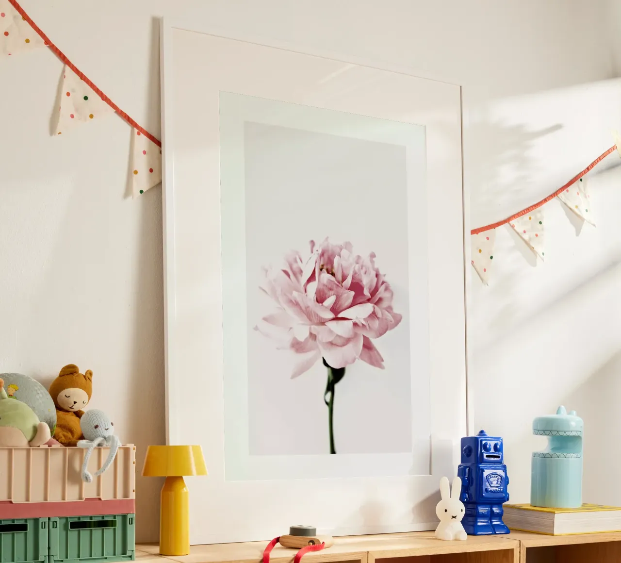 Peony Pink and Grey poster with plastic frame by Flora & Fauna