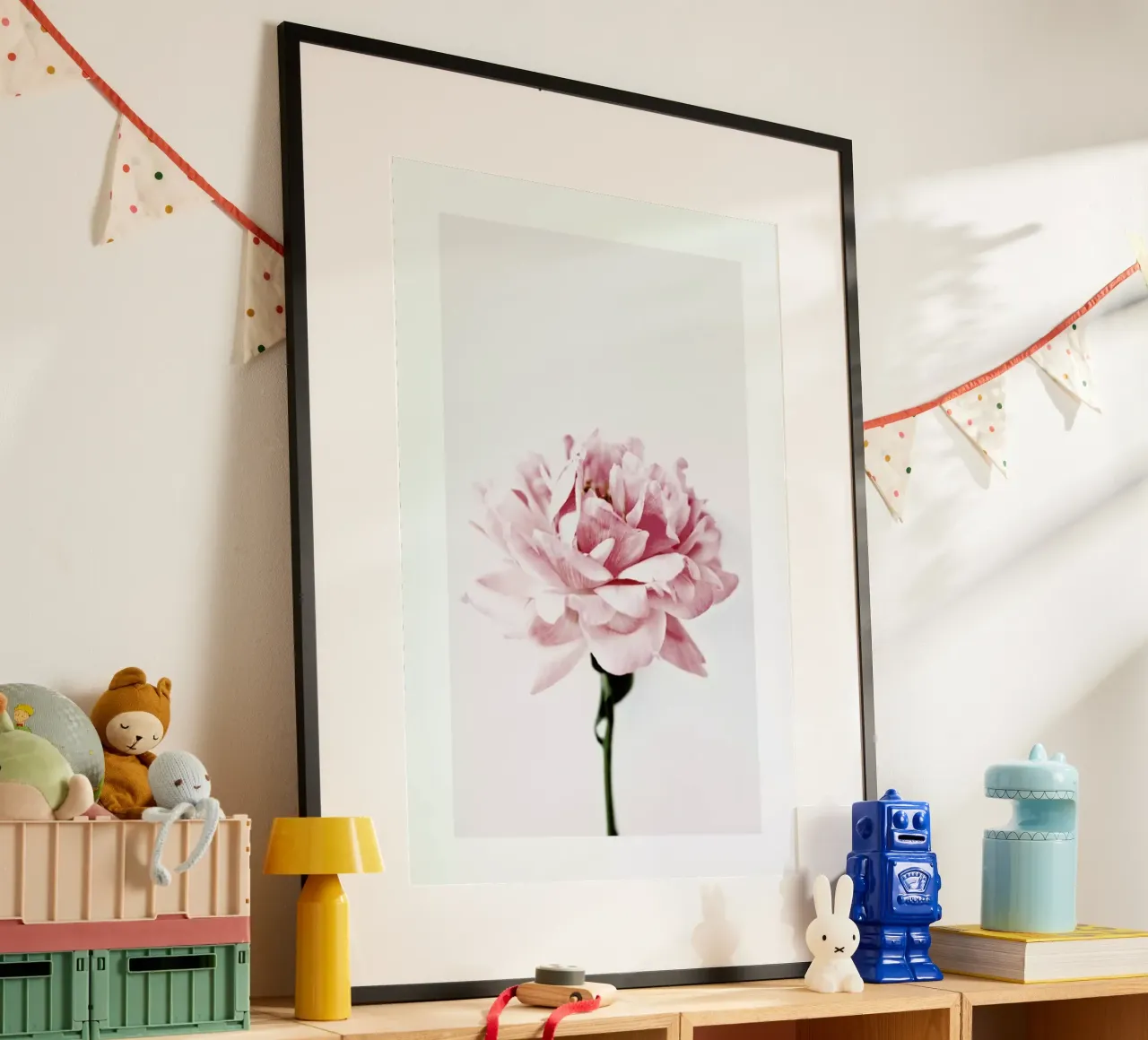 Peony Pink and Grey poster with plastic frame by Flora & Fauna