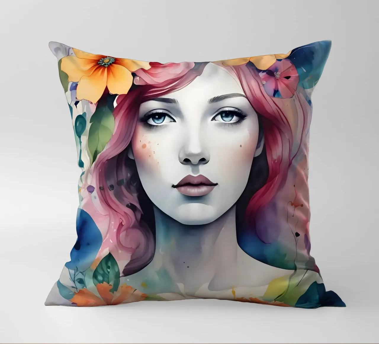Ragazza e fiori acquerello minimalismo 01 cuscino da Minimalism