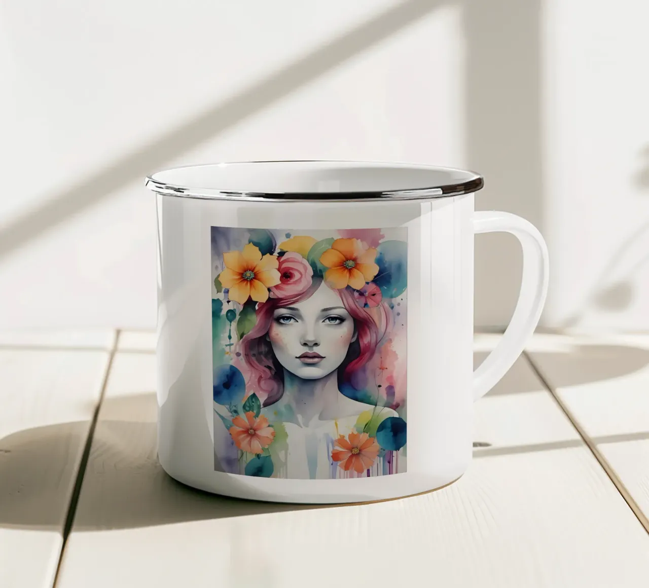 Ragazza e fiori acquerello minimalismo 01 tazza in smalto da Minimalism