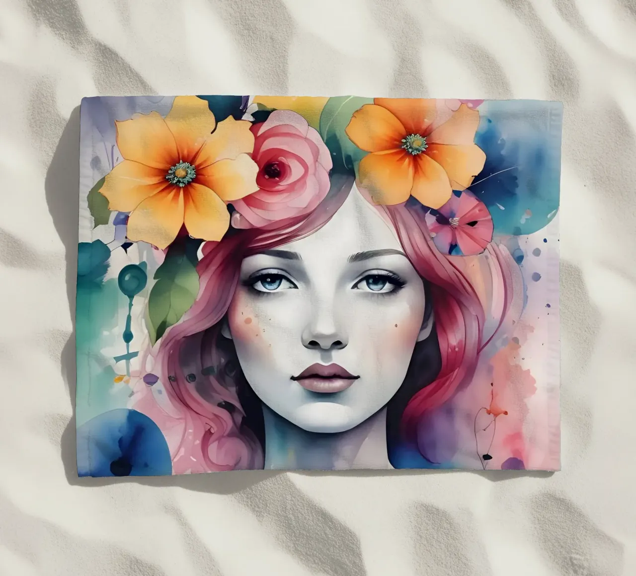 Ragazza e fiori acquerello minimalismo 01 telo mare da Minimalism