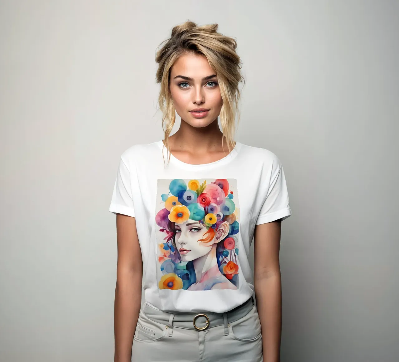 Girl and flowers watercolor minimalism 02 women's fitted t-shirt by Minimalism
