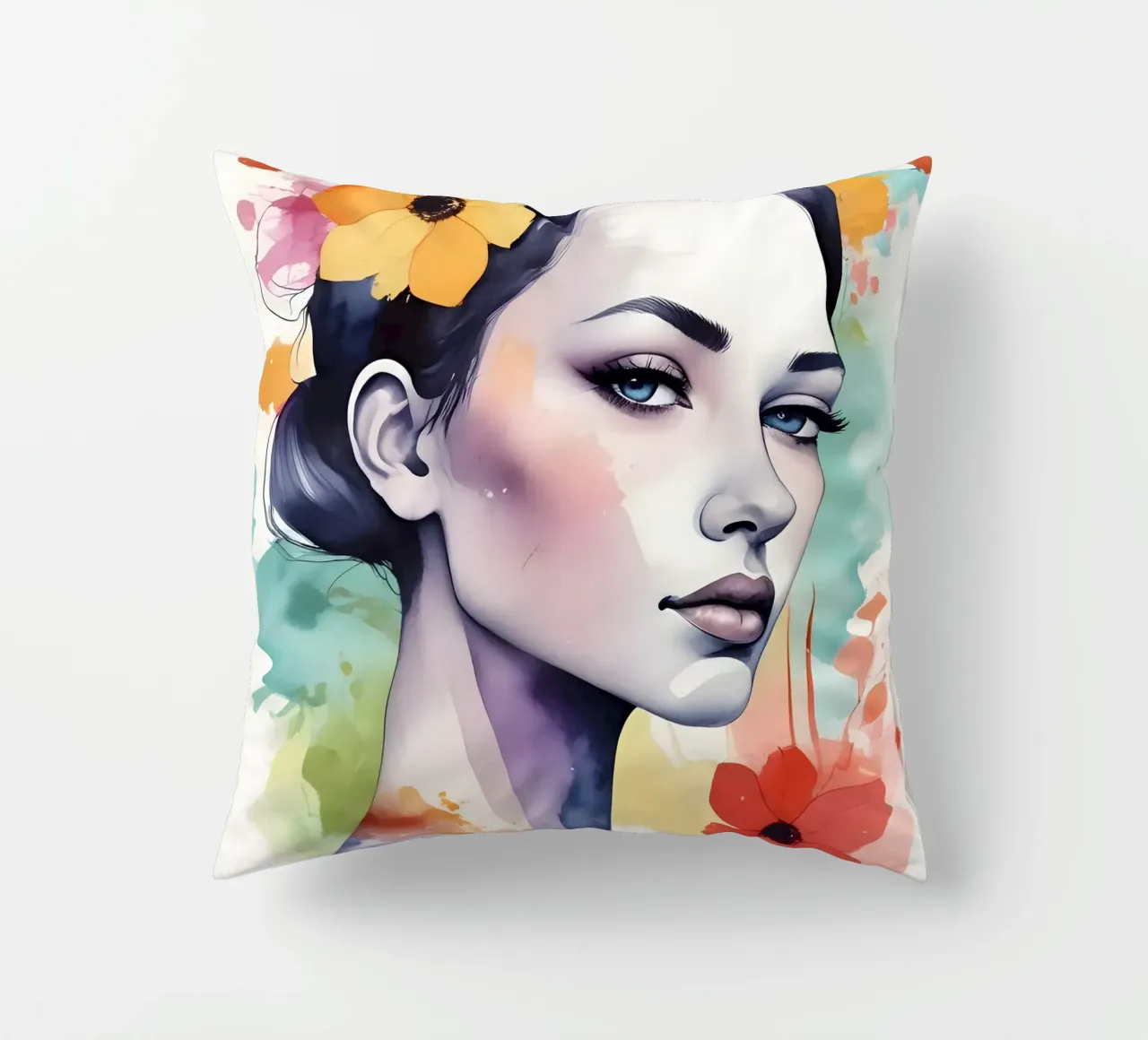 Ragazza e fiori acquerello minimalismo 03 cuscino da Minimalism