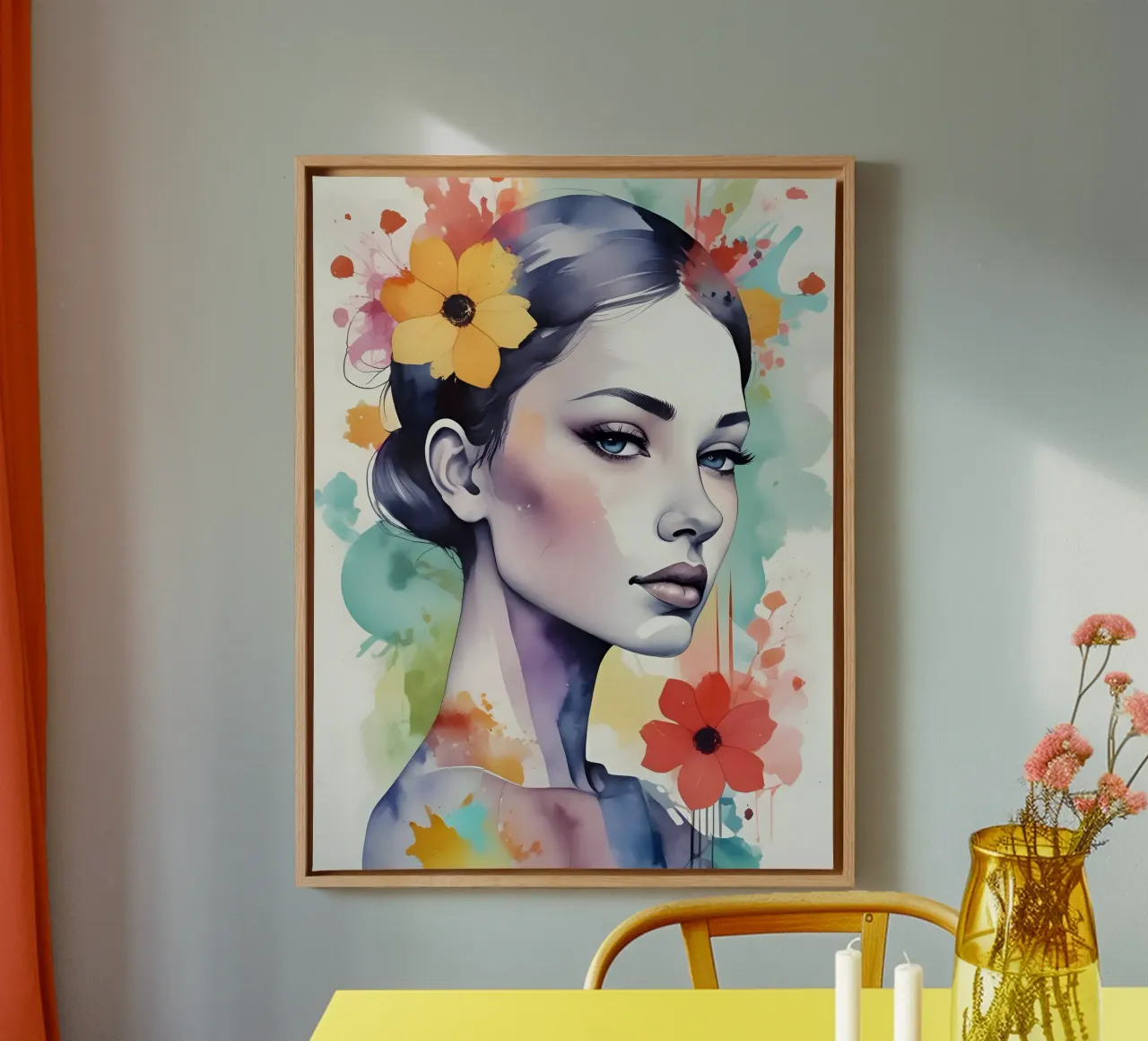 Ragazza e fiori acquerello minimalismo 03 tela con Cornice a cassetta da Minimalism