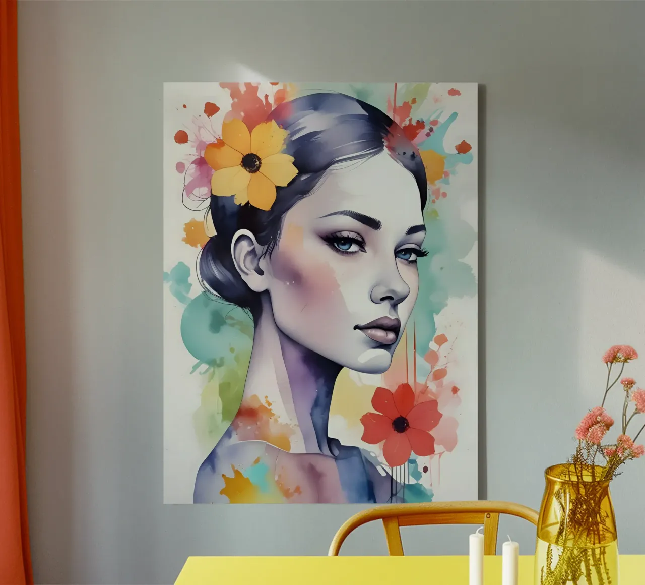Ragazza e fiori acquerello minimalismo 03 tela con Cornice a cassetta da Minimalism