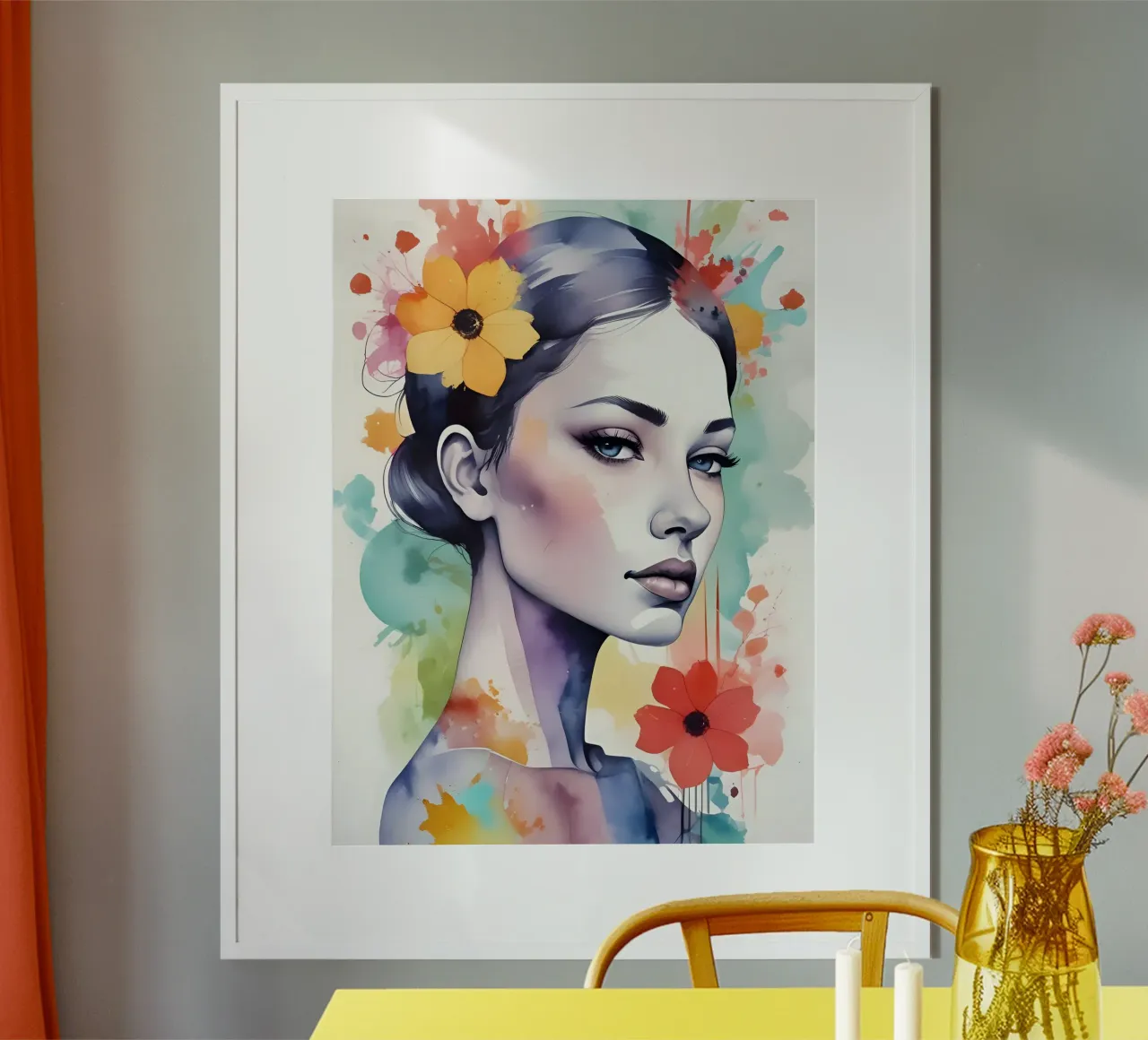 Ragazza e fiori acquerello minimalismo 03 poster con telaio in plastica da Minimalism