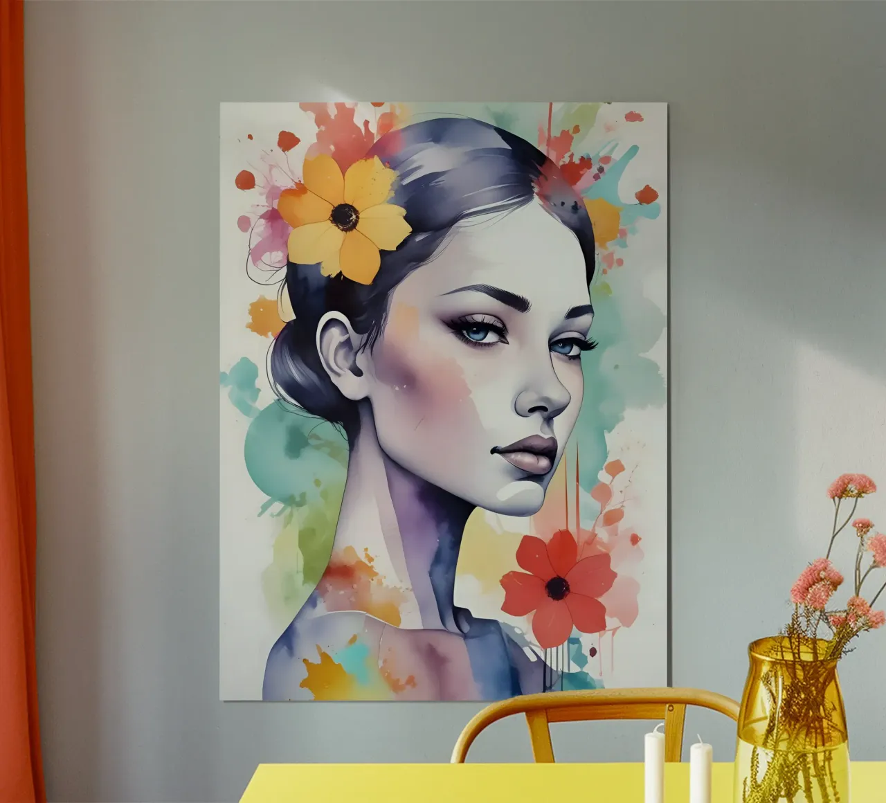 Ragazza e fiori acquerello minimalismo 03 poster con telaio in plastica da Minimalism