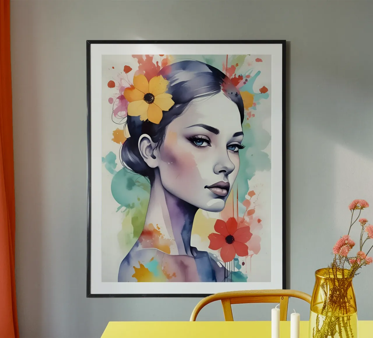 Ragazza e fiori acquerello minimalismo 03 poster con telaio in plastica da Minimalism