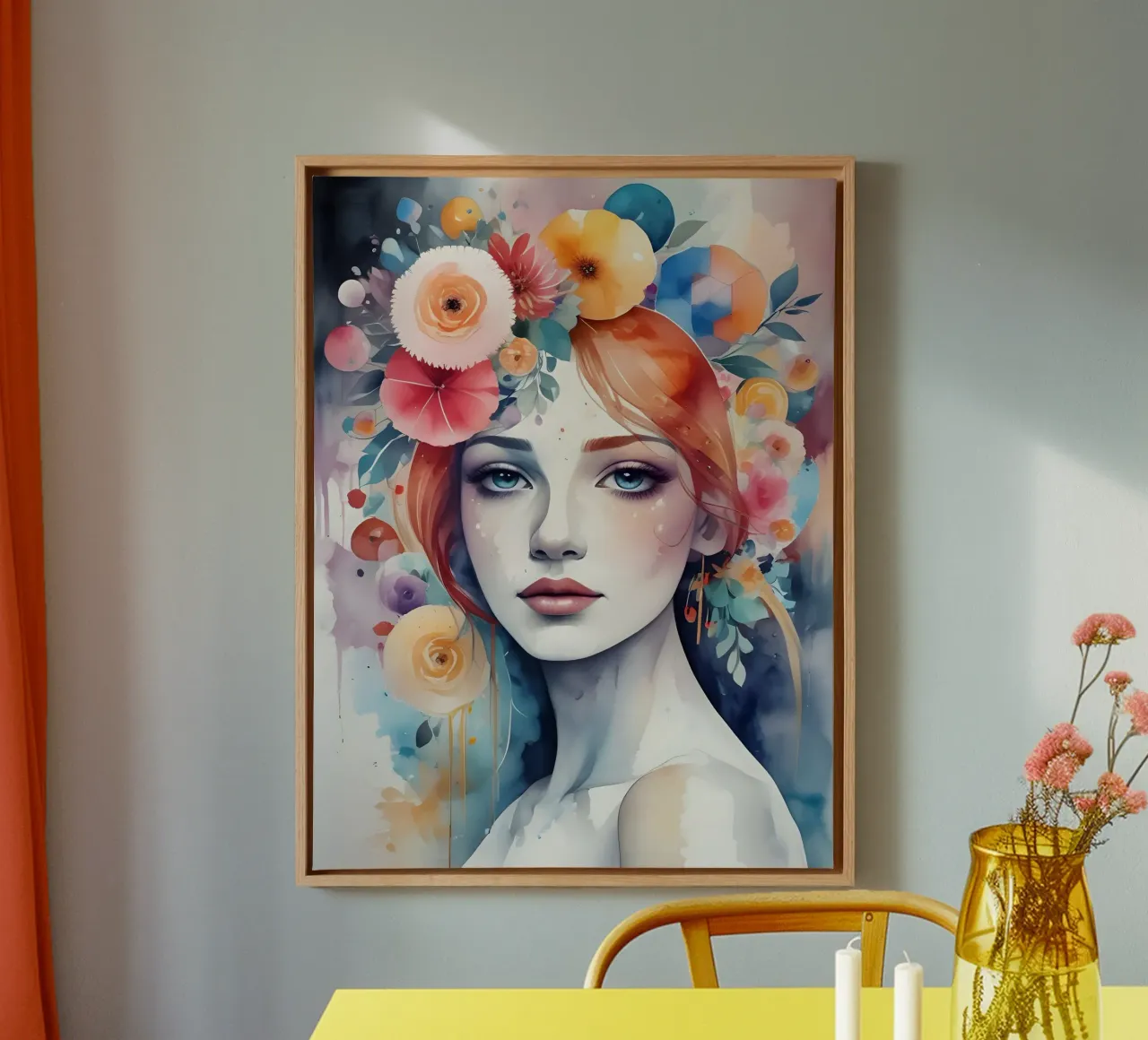 Ragazza e fiori acquerello minimalismo 04 tela con Cornice a cassetta da Minimalism