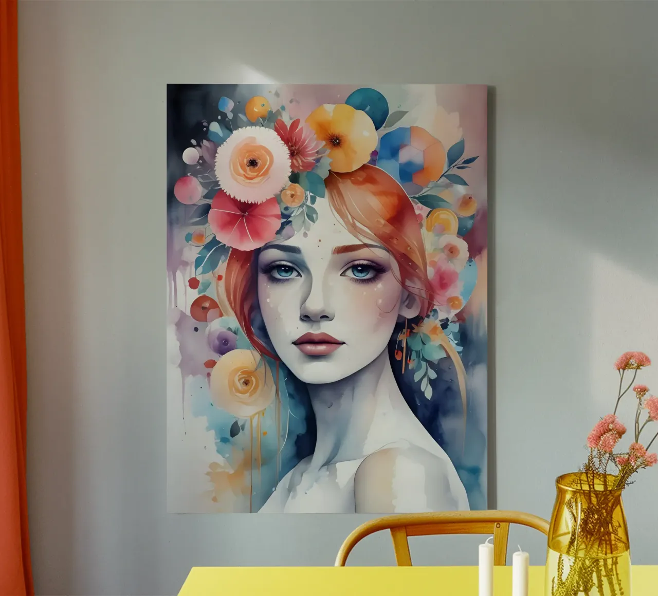 Ragazza e fiori acquerello minimalismo 04 tela con Cornice a cassetta da Minimalism