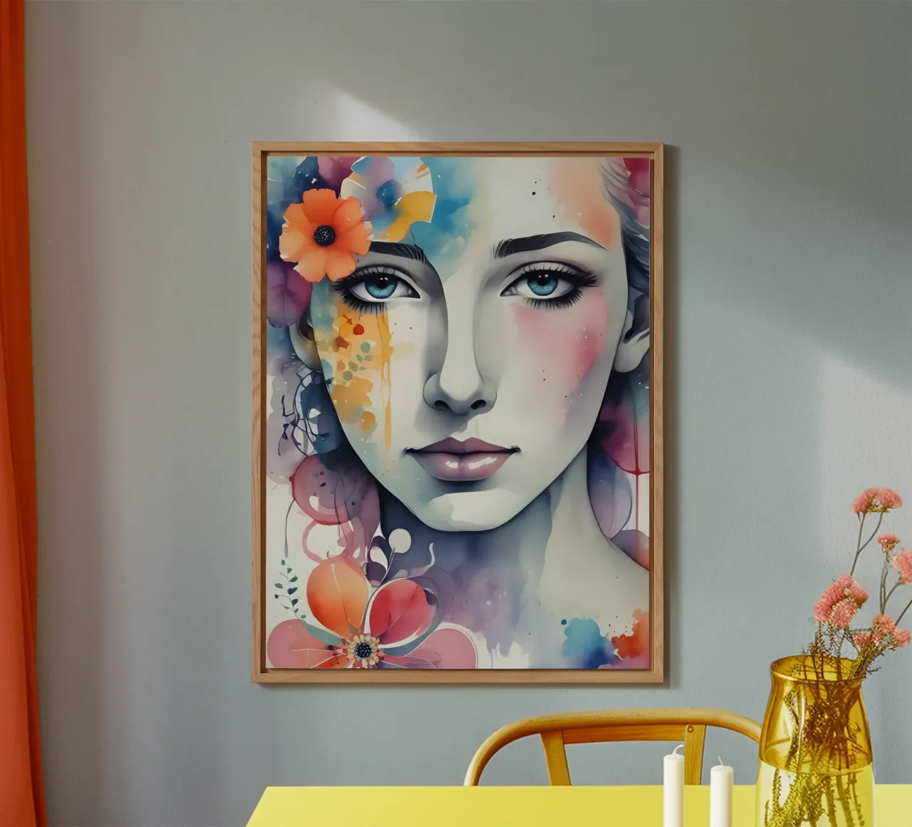 Girl and flowers watercolor minimalism 05 alu-dibond by Minimalism