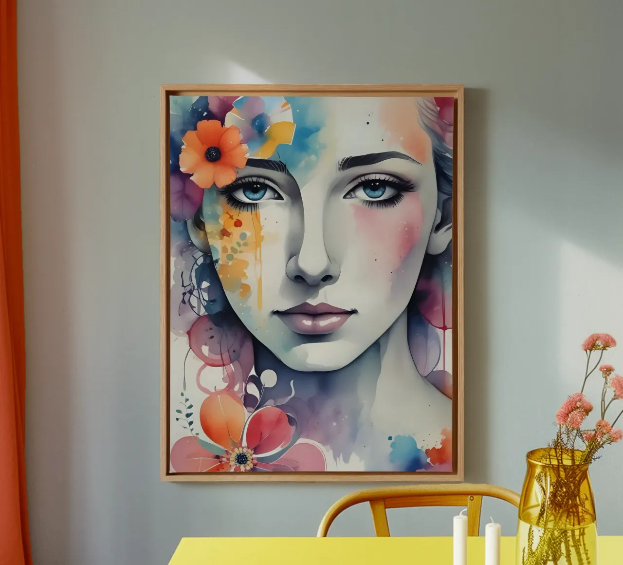 Ragazza e fiori acquerello minimalismo 05 tela con Cornice a cassetta da Minimalism
