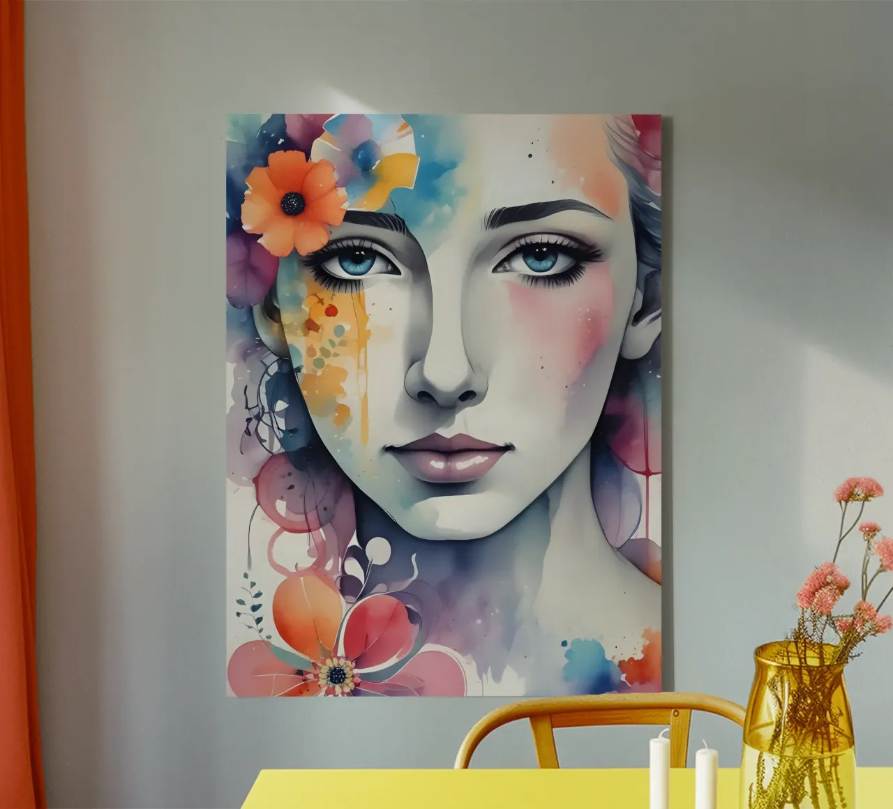 Ragazza e fiori acquerello minimalismo 05 tela con Cornice a cassetta da Minimalism
