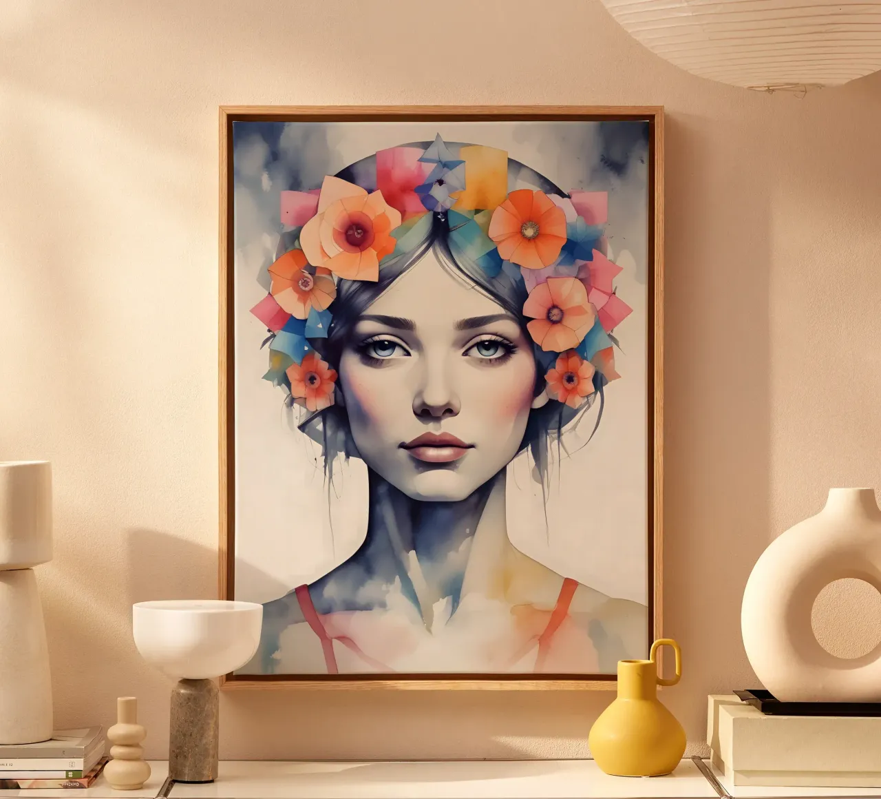 Ragazza e fiori acquerello minimalismo 06 tela con Cornice a cassetta da Minimalism