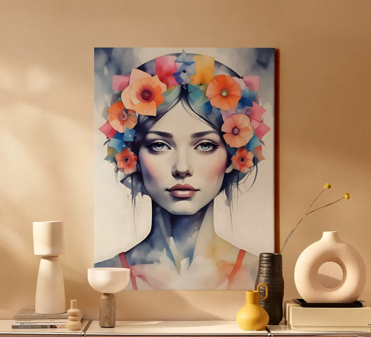 Ragazza e fiori acquerello minimalismo 06 tela con Cornice a cassetta da Minimalism
