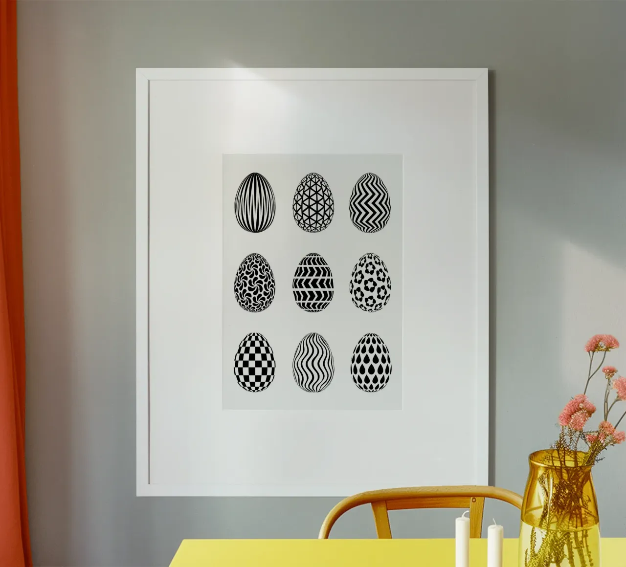 Pascua - huevos de Pascua - gráfico - sencillo - blanco y negro poster con marco de madera de keinkonzept