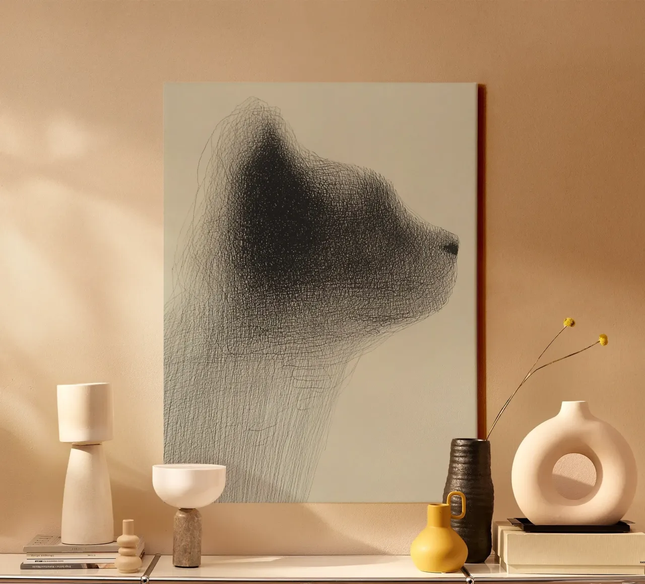 Surreal cat sketch canvas with Floater frame by Carinaprint