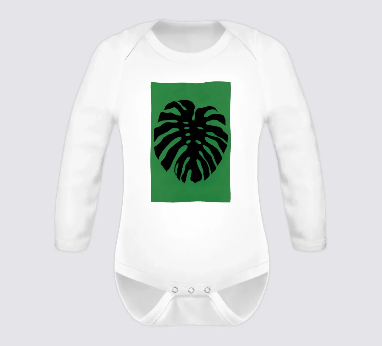 Black Monstera long-sleeve baby romper by Rosi Feist