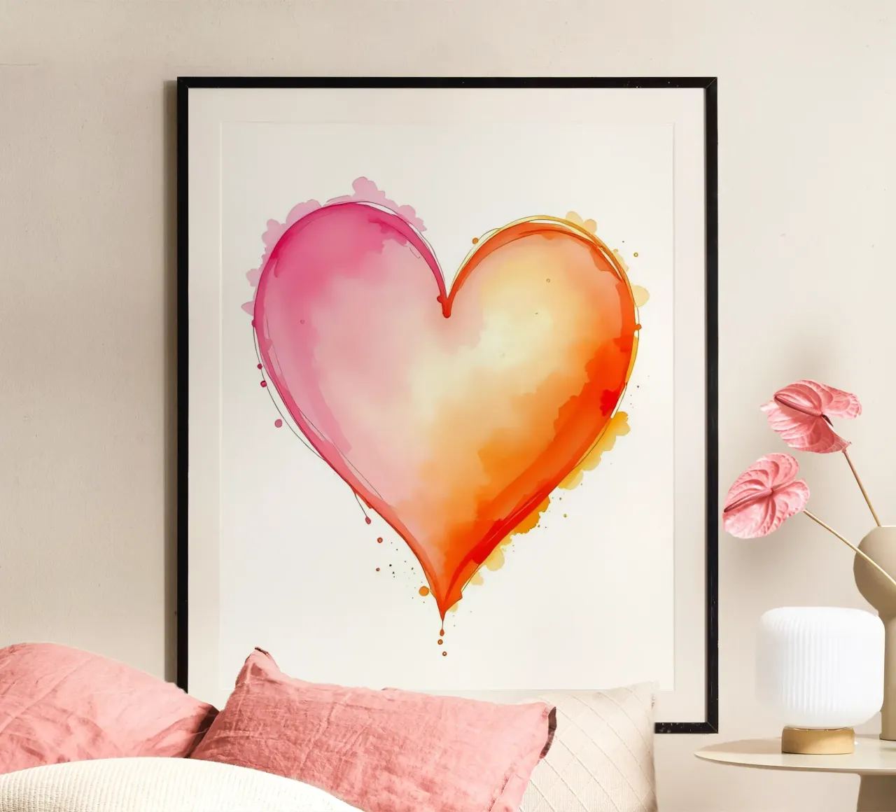 Herz_pink_orange_1 poster con telaio in alluminio da Pink- und LoveArt by LK
