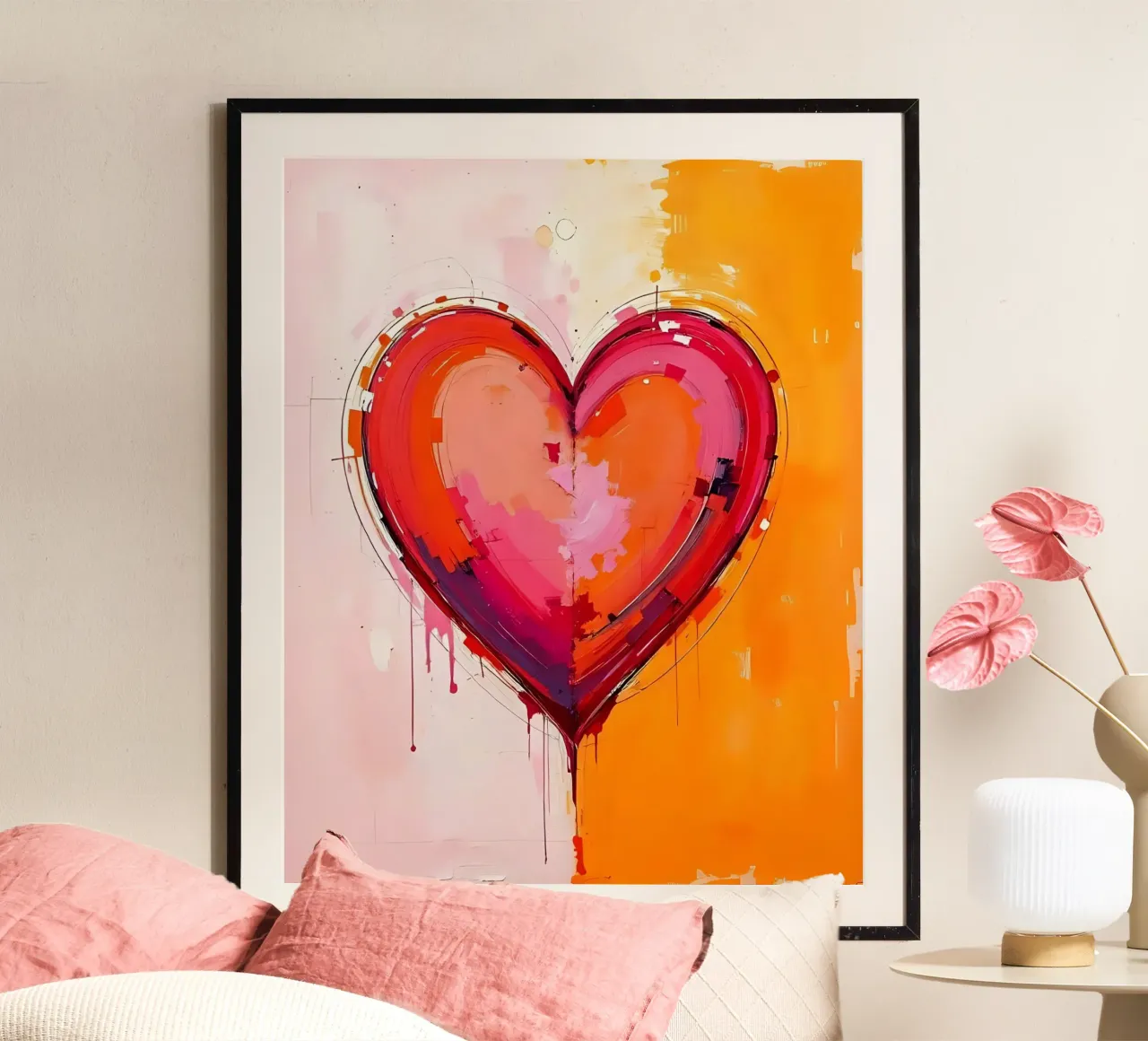 Herz_pink_orange_4 poster con telaio in legno da Pink- und LoveArt by LK