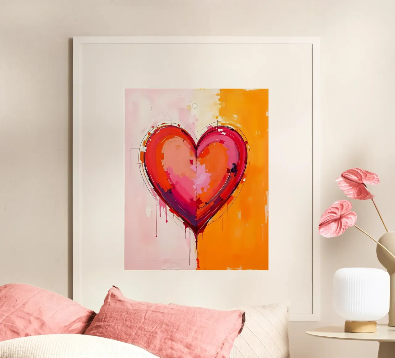 Herz_pink_orange_4 poster con telaio in legno da Pink- und LoveArt by LK