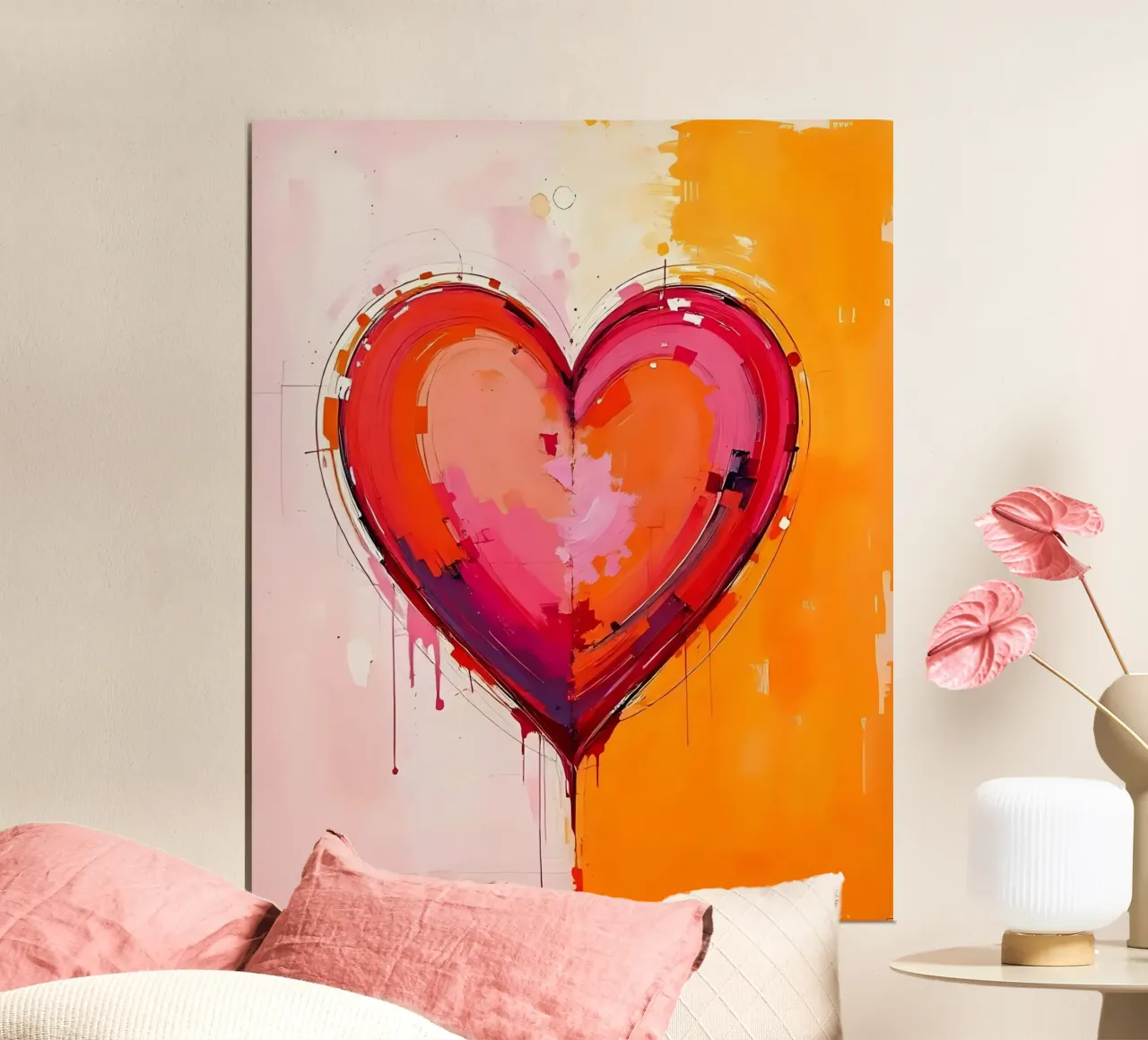 Herz_pink_orange_4 poster con telaio in legno da Pink- und LoveArt by LK