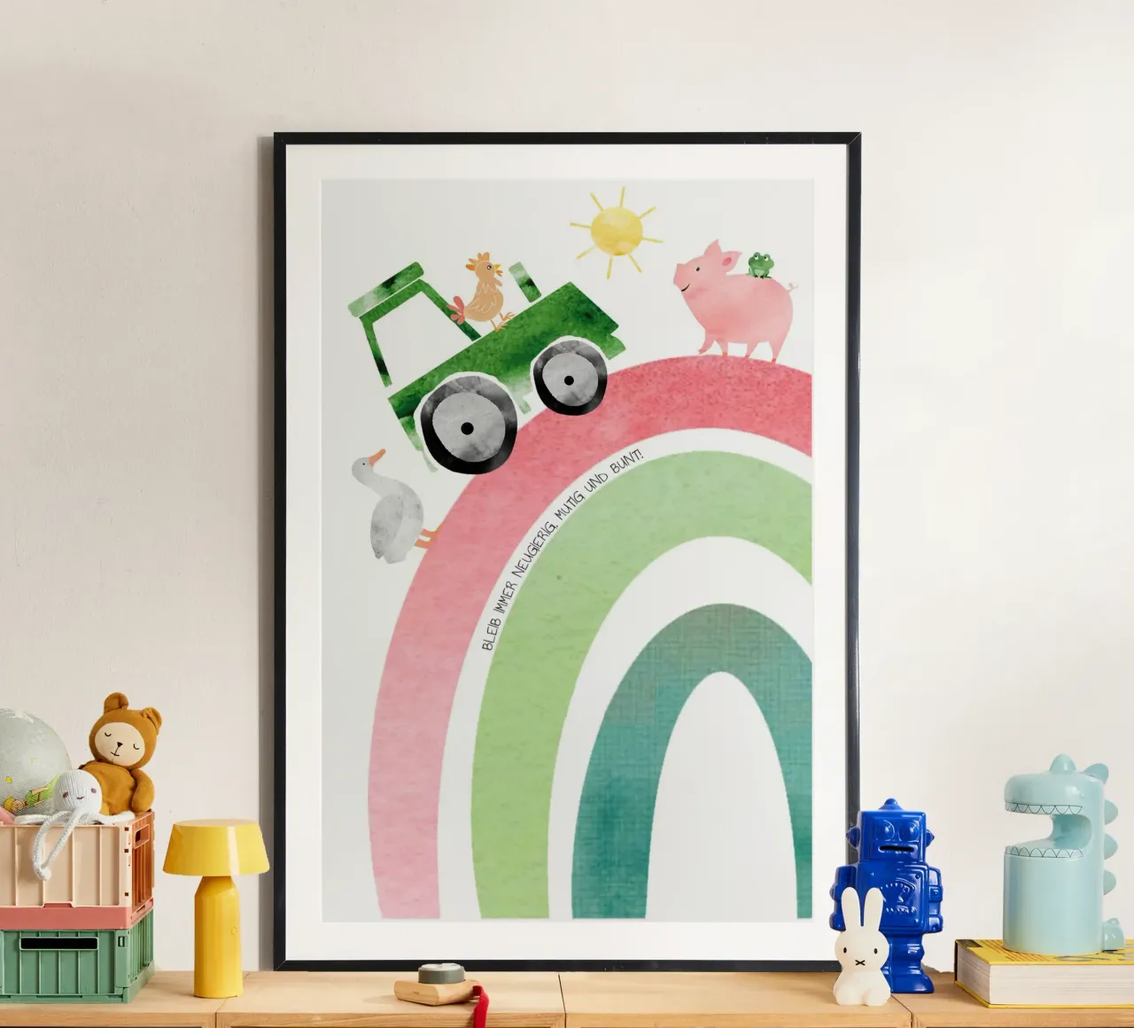 Bauernhof - neugierig, mutig, bunt poster con telaio in plastica da maramirage