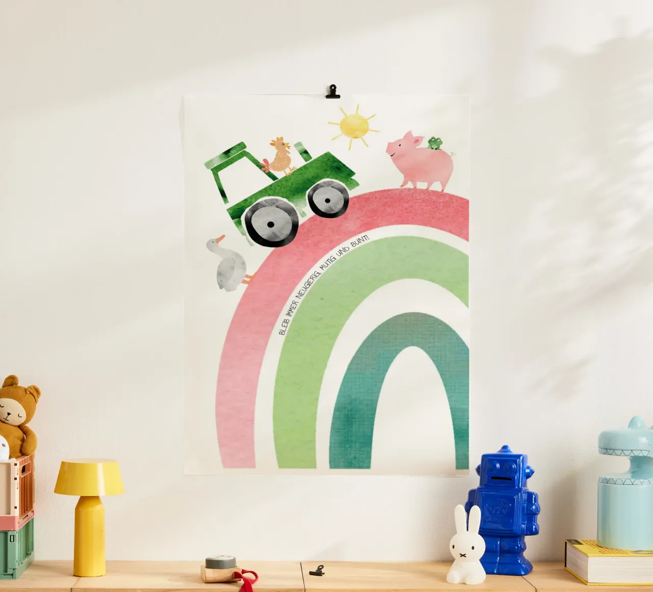 Bauernhof - neugierig, mutig, bunt poster con telaio in plastica da maramirage